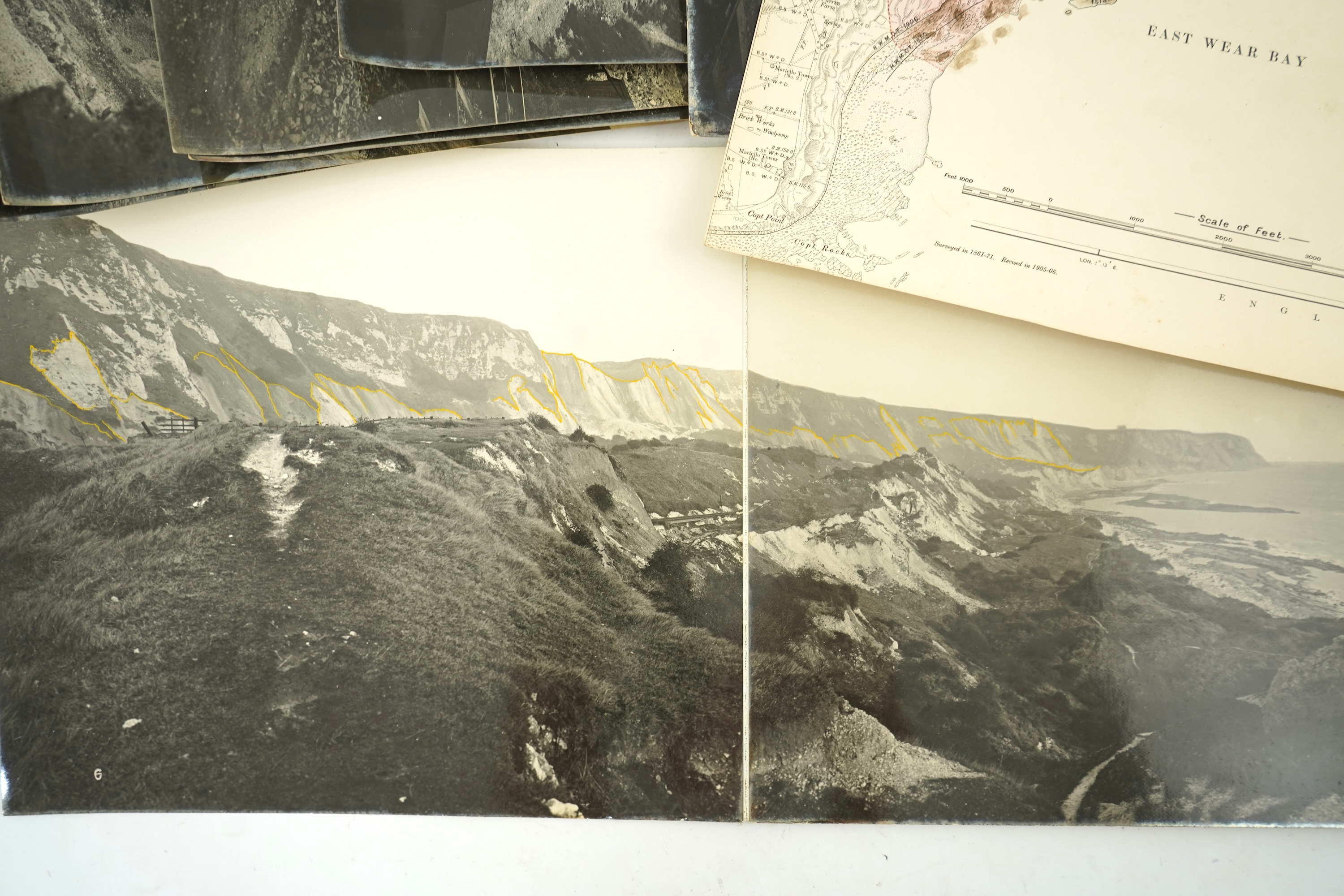 Fourteen late 19th/early 20th century black and white photographs of the results of a chalk landslide on the SE&CR, South East and Chatham Railway, at East Wear Bay, Capel-le-Ferne, Kent, with annotations to the reverse